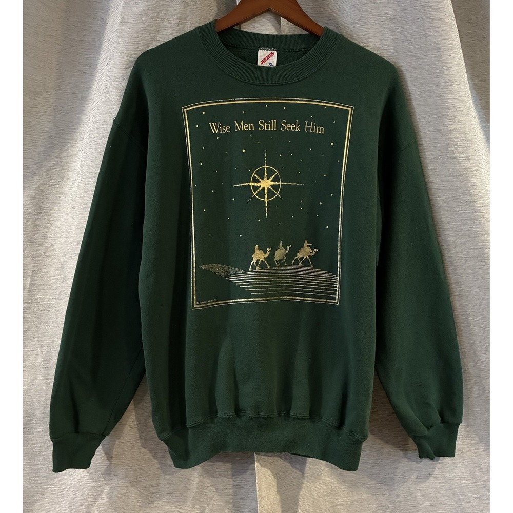 Jerzees Wise Men Still Seek Him Sweatshirt Green Gold Jesus XL Vintage 90s